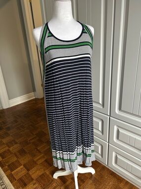 Max Studio Navy, White and Green Striped Racerback Maxi Dress